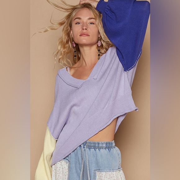 POL Exposed Seam Contrast V-Neck Lantern Sleeve Sweater 10010098578 - Picture 1 of 3